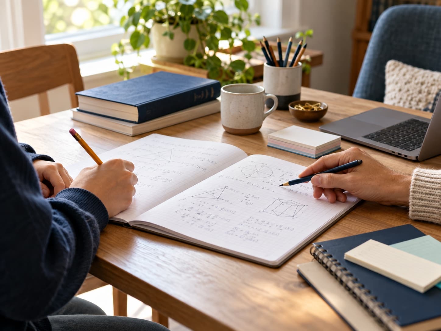 Tutor and learner working through geometry at an organized study table