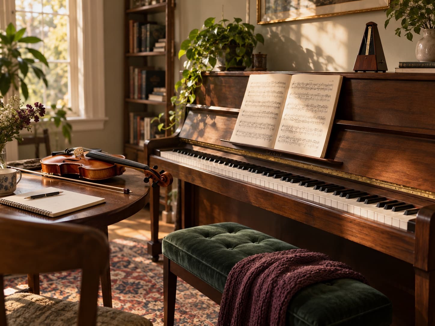 Warm private music studio with piano, violin, score, and lesson notebook