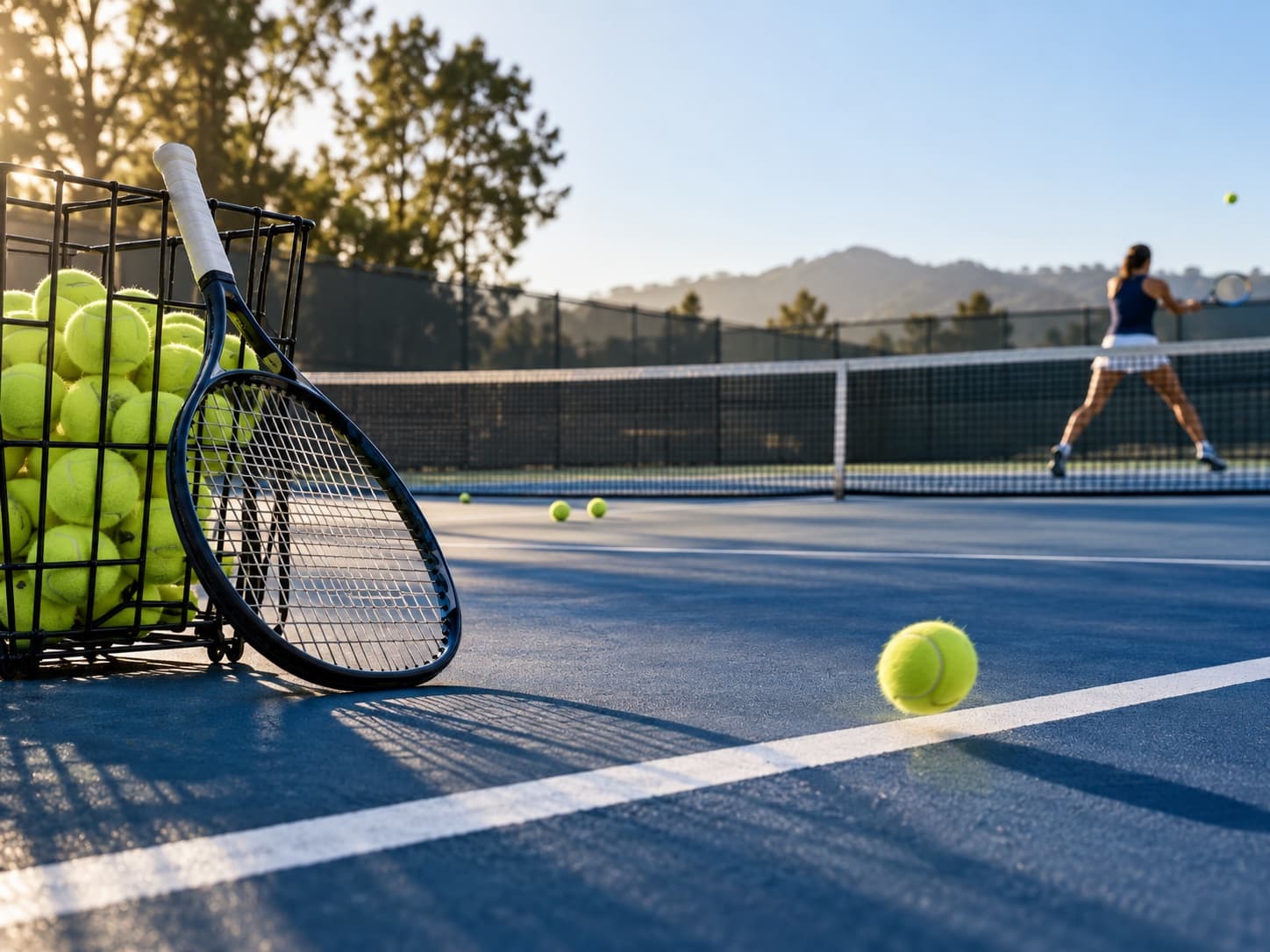 Tennis racket and ball basket beside an active outdoor court